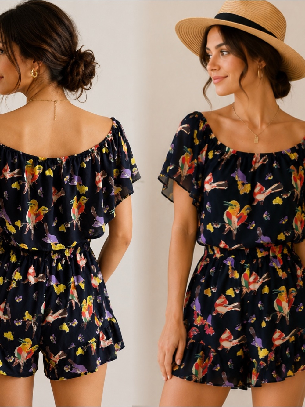 Peach Love California Navy Floral & Bird Off-Shoulder Romper